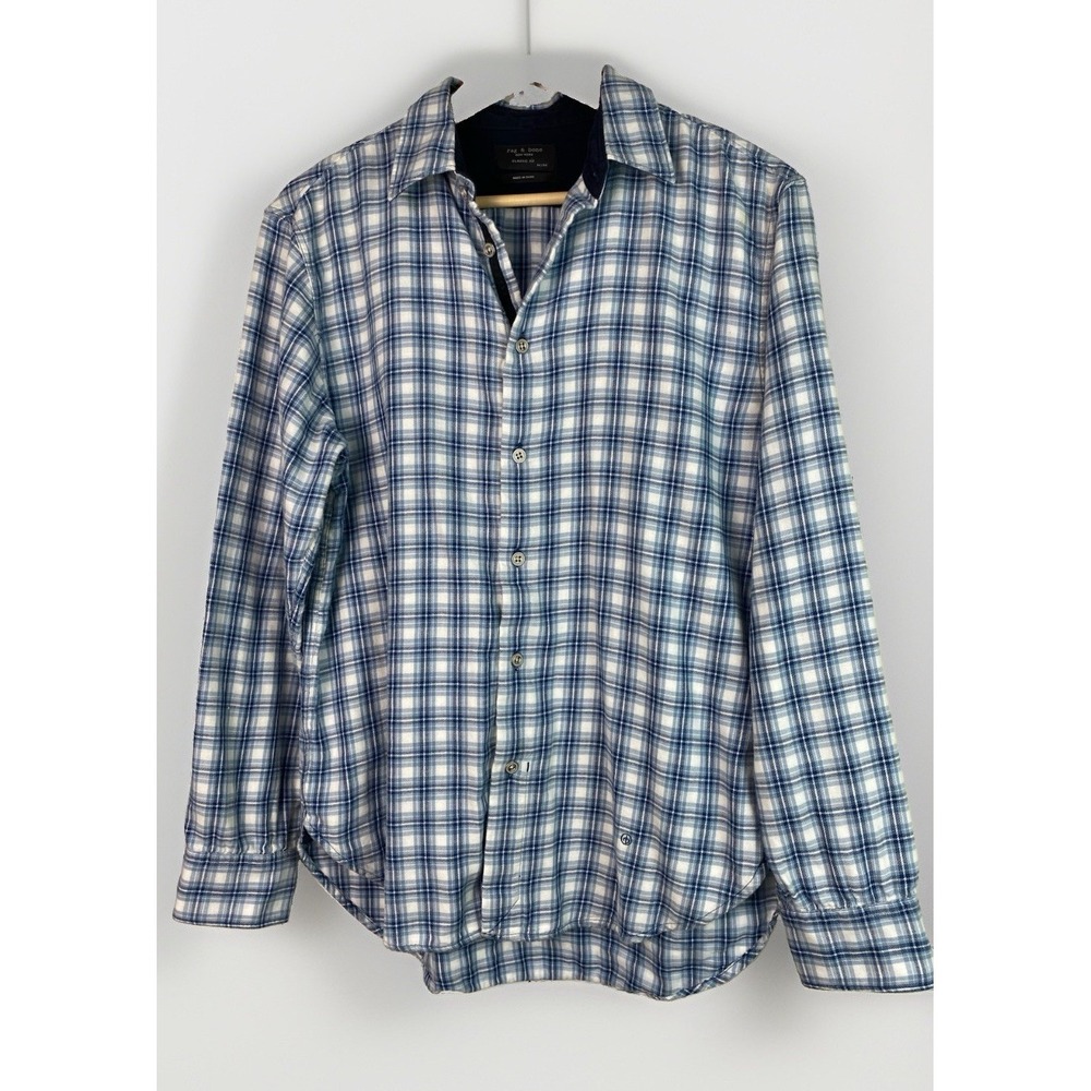 rag & bone New York Men's M Classic Fit Blue White Plaid Cotton Button Up Shirt